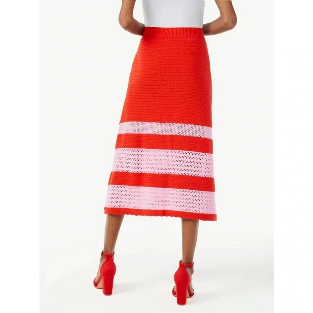 Scoop Crochet Scalloped Hem Red Pink Striped A Line Pull On Midi Skirt Large - Picture 2 of 16